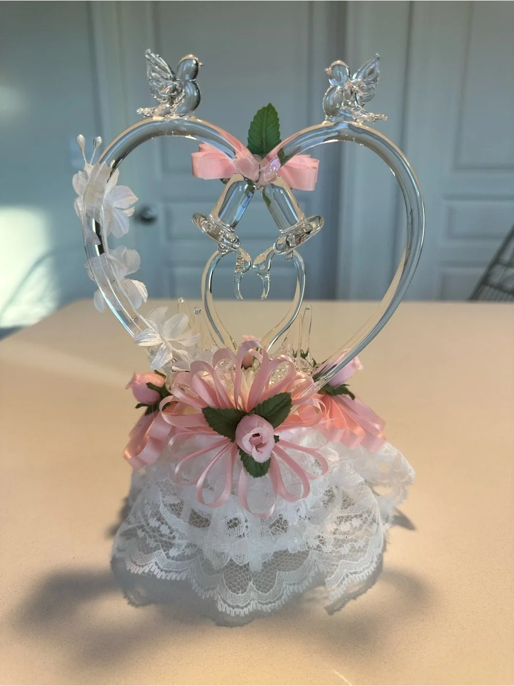 NIB Lomey Mfg Vintage Glass Swan and Heart Cake Topper